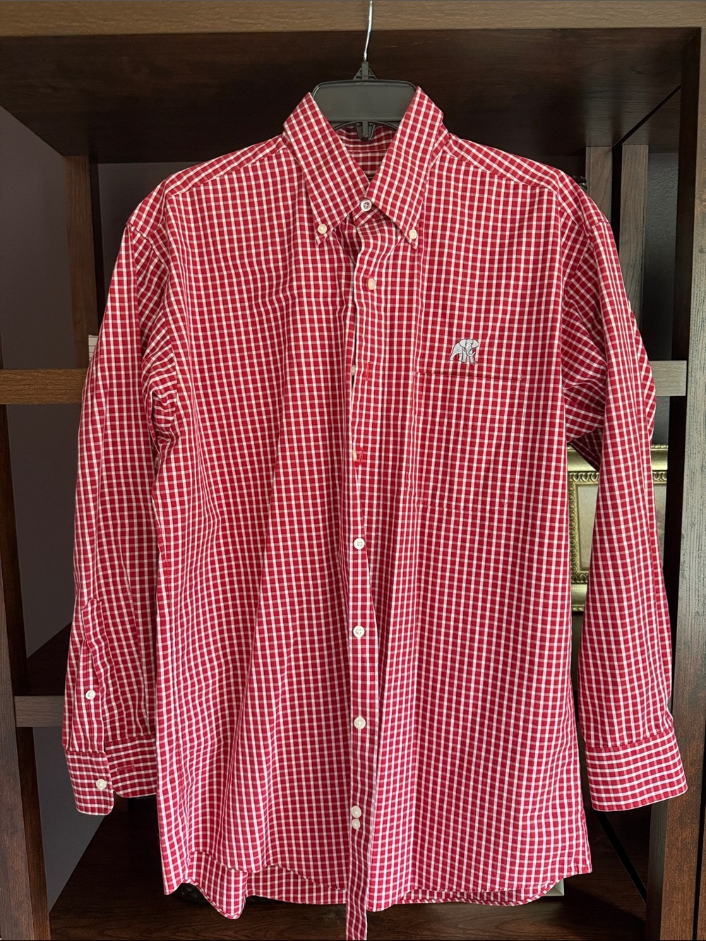 Men's Red Check Button-Down Shirt with Embroidered Elephant Logo